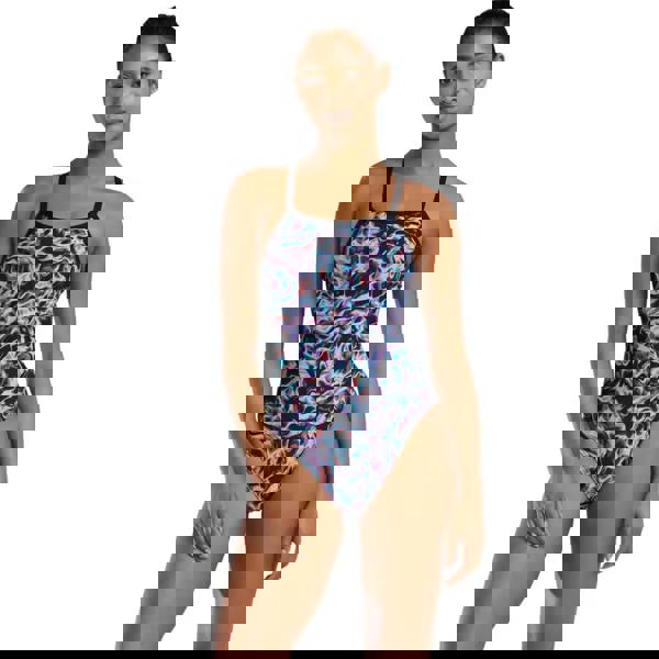 TYR Energia Durafast Elite Diamondfit swimsuit in blue, pink, black abstract pattern