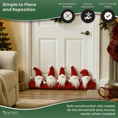 Christmas Draught Excluder with Red Gonk Design, Soft Door Snake with 5 Gonks, Polyester Fabric, 73cm Wide x 28cm High, Fun Seasonal Draught Stopper
