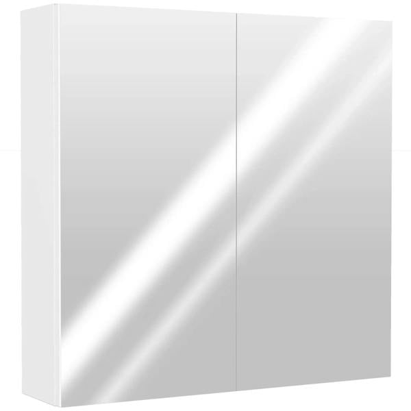 White double-door bathroom mirror cabinet with flat mirrored doors and vertical seam