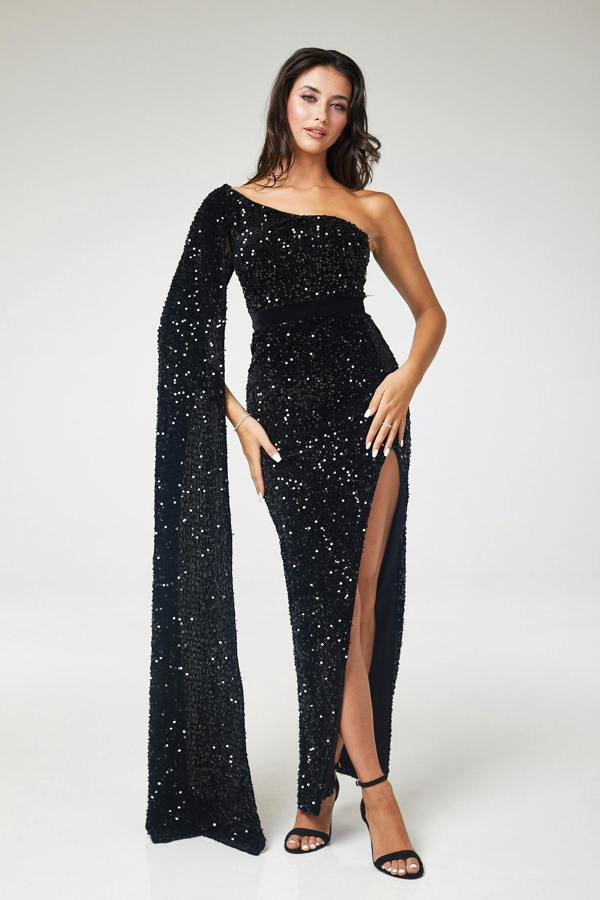 LuvForever Black One Shoulder Drape Sleeve Sequin Maxi Dress