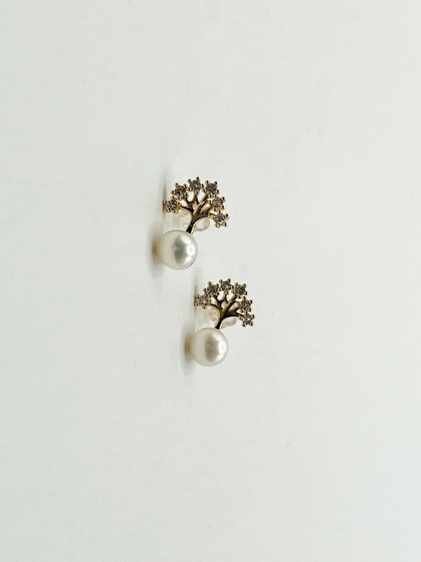 SVNX Pearl Stud Earring with Diamante Tree in Gold Colour