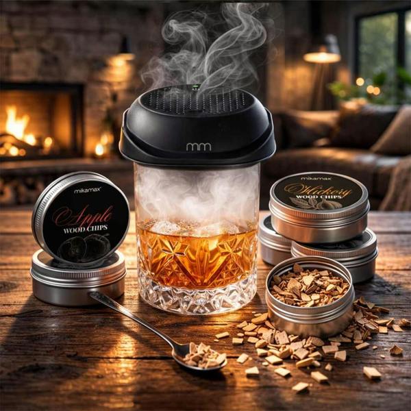 ifestyle view of an electric cocktail smoker emitting aromatic wood smoke into a crystal tumbler glass of whisky on a rustic wooden table.