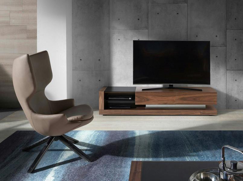 Angel Cerdá TV cabinet walnut, polished steel and black glass top 3139