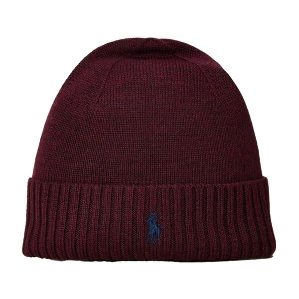 Ralph Lauren Mens Embroidered Logo Merino Wool Winter Beanie - Wine Red - 