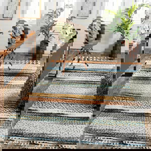 Livabliss Lofty-Shaggy Off-White Black Yellow Vintage Boho Plush Soft Pile Fringe Rug