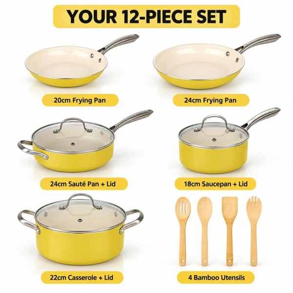 Gr8 Home 12 Pcs Ceramic Non Stick Induction Cookware Set Yellow Pots & Pans Lids Utensils