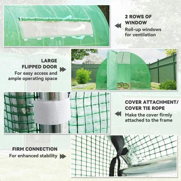 Green polytunnel greenhouse with roll-up windows, flipped door, and cover attachment ropes