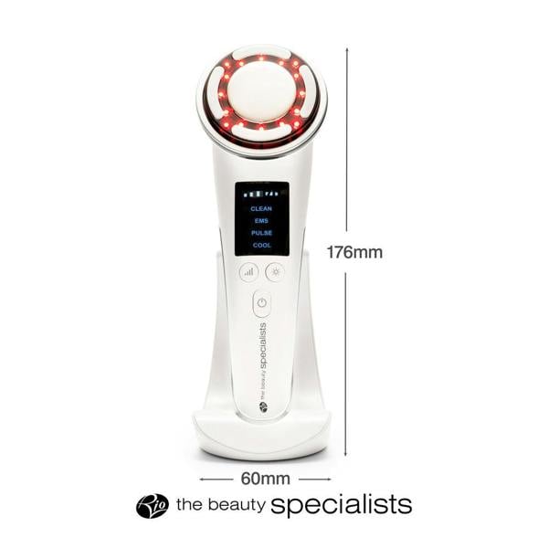 The Rio Face Lift & Tone Beauty Spa is a white handheld anti-aging device with a circular LED-lit head, digital display, and control buttons. Measuring 176mm tall by 60mm wide, it helps achieve firmer-looking skin. “Rio” logo appears at the bottom.