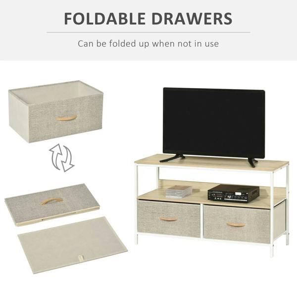 TV stand cabinet with foldable grey drawers and open media shelf under the tabletop