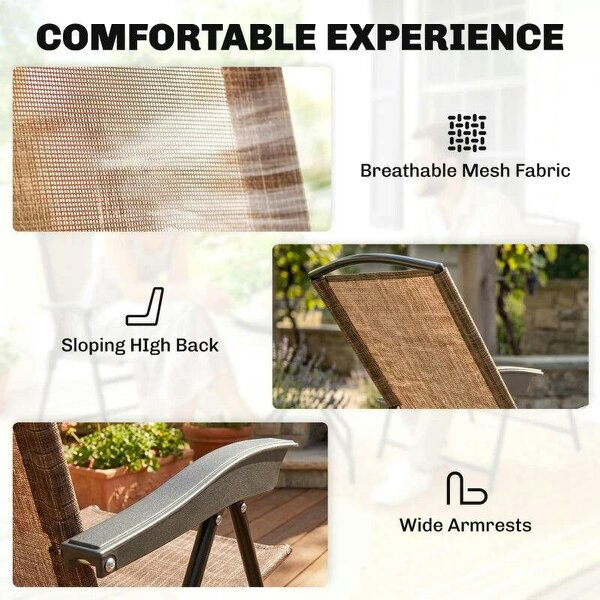 3 Piece Outdoor Bistro Set, Patio Conversation Furniture Set with 2 Folding Backrest Adjustable Armchairs and Glass Top Coffee Table, Brown