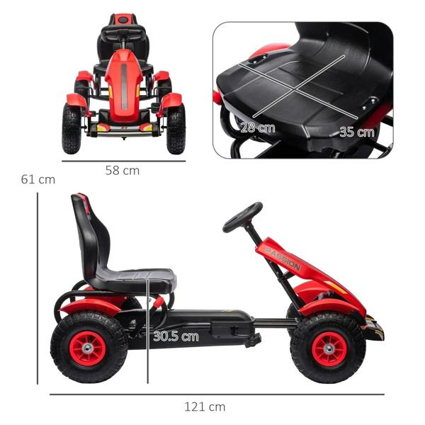 Red kids pedal go-kart with black seat, handlebars, and red-rim wheels (diagram view)