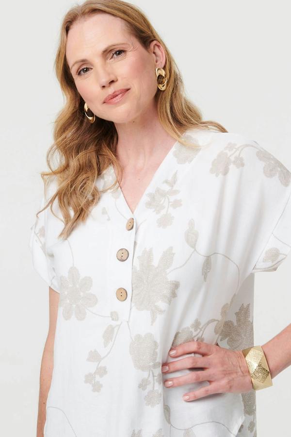 White | Floral Embroidered V-Neck Relaxed Blouse