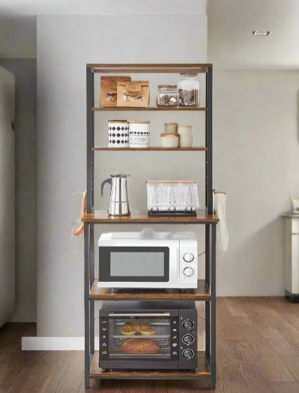 Modcraft Industrial Kitchen Storage Rack with 6 Shelves & 6 Hooks, Adjustable Middle Shelf