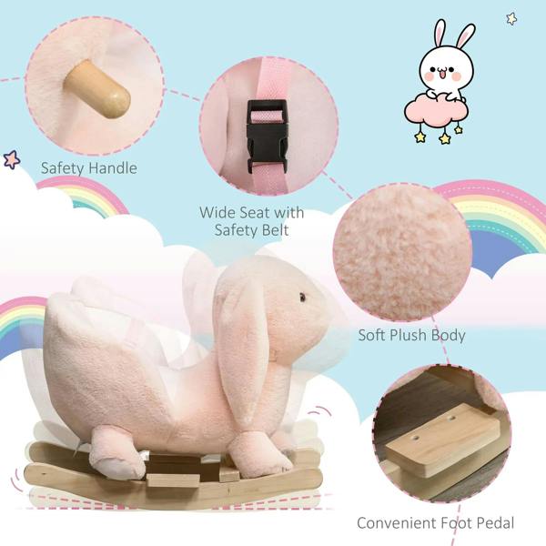 Pink plush rabbit rocking horse ride-on with safety belt and wooden rocker base