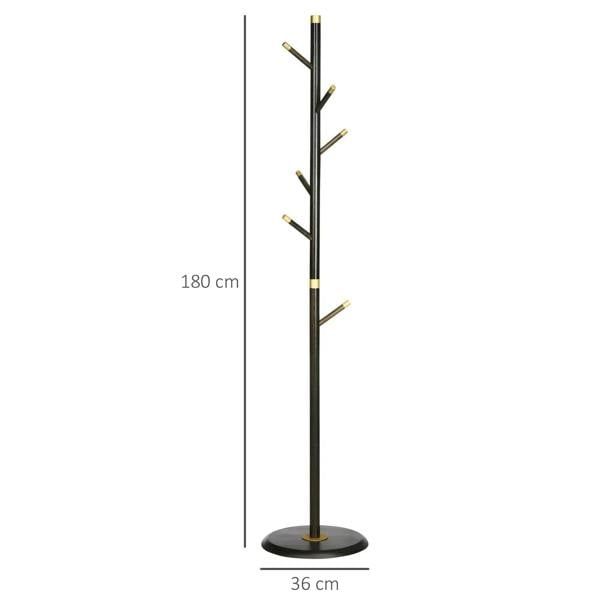 Coat rack stand dimensions: tall dark pole with multiple hooks on round base