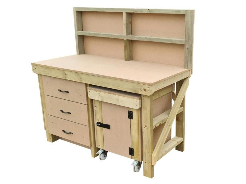 Wooden MDF Top Workbench (V.6) – Sturdy Workstation with Drawers, Back Panel and Functional Lockable Cupboard, Ideal for Garages, Workshops, and Studios.