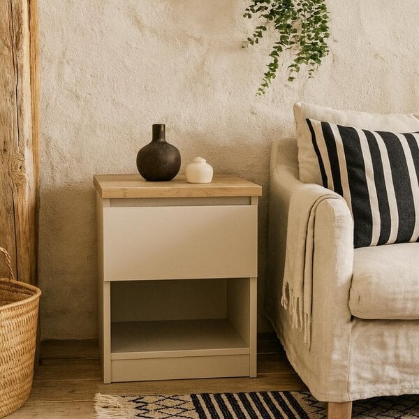 Wyld Haus Budapest Crean and Natural Oak Effect Wooden Bedside Table 1 Drawer 1 Shelf