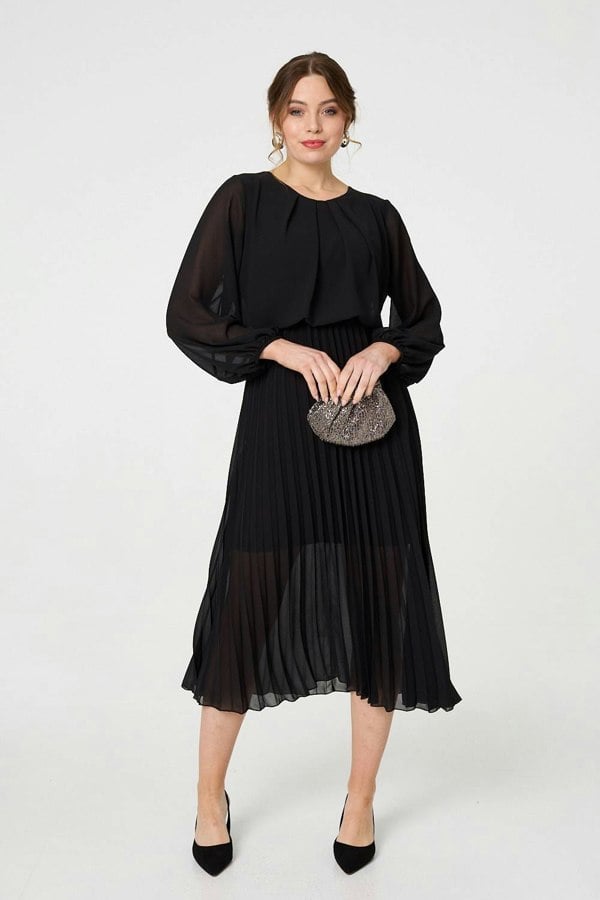 Black | Semi Sheer Pleat Long Sleeve Midi Dress
