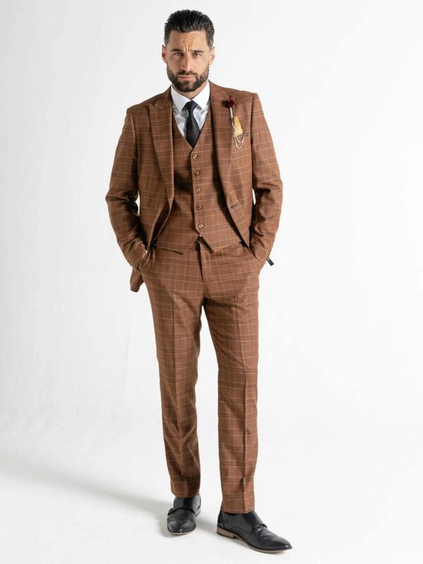 V2 Classic Kensignton Three Piece Suit - Bronze with Light Brown and Blue Checks
