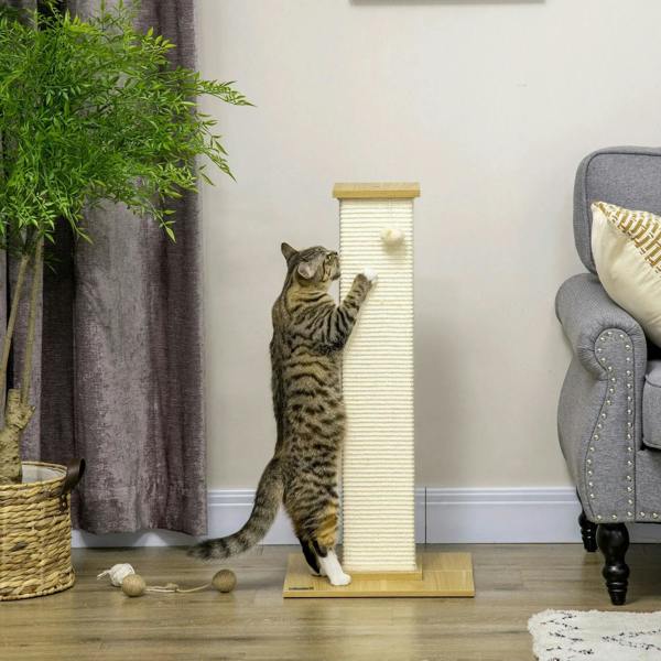 Cream sisal scratching post with wooden base and hanging plush ball, cat scratching