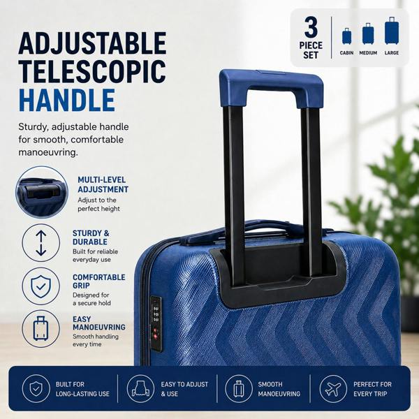 Gr8 Home 3 Piece Hard Shell Luggage Suitcase Set Cabin Medium Large TSA Lock Blue