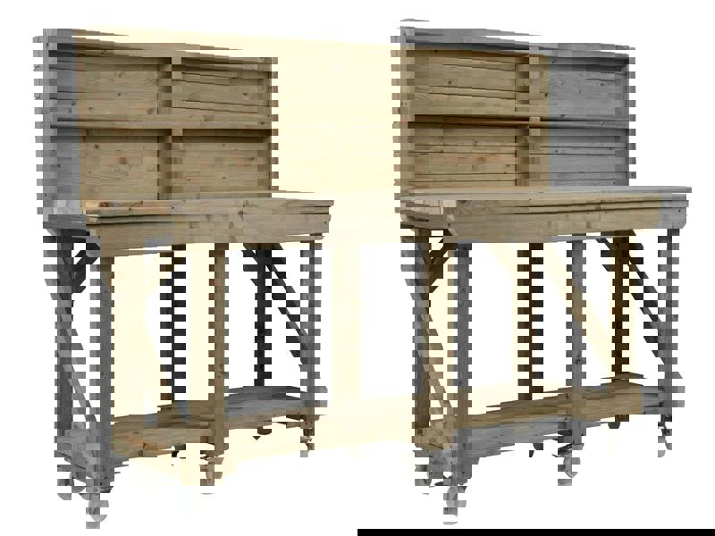 Indoor/Outdoor Pressure-Treated Single Shelf with back panel and wheels Workbench, a robust and versatile solution for all your workspace needs. Handcrafted in the UK, this workbench is constructed from high-quality, pressure-treated timber, ensuring durability and resistance to the elements, making it suitable for both indoor and outdoor use.
