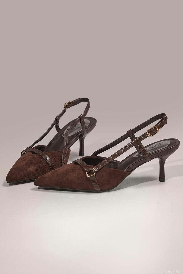 Goddiva Pointed Slingback Heels With Croc-Style Straps - Brown by Goddiva