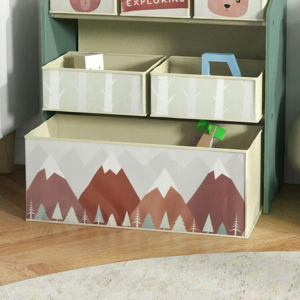 Close-up of green kids storage unit shelf with four fabric bins and mountain forest front panel