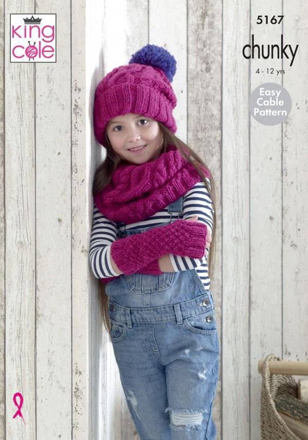 King Cole Comfort Chunky Knitting Pattern 5167, Headwear, Gloves, Scarves for Kids, 4 - 12 Years - Easy