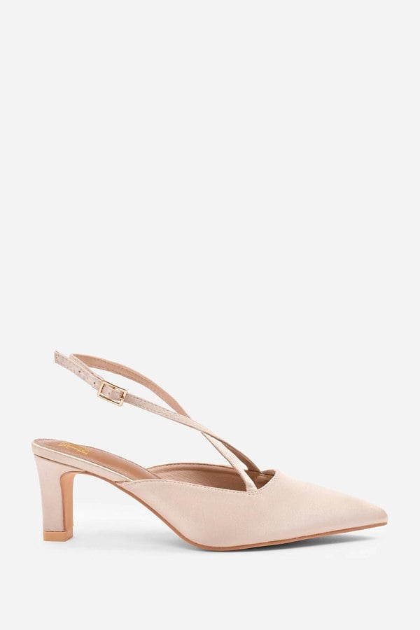 Where's That From Serna Wide Fit Pointed Toe Low Block Heel With Cross Over Ankle Strap in Champagne Satin