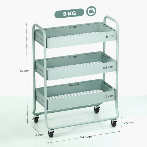 Wyld Haus Nokeyo Metal Light Green 3 Tier Rolling Utility Trolley With Mesh Baskets