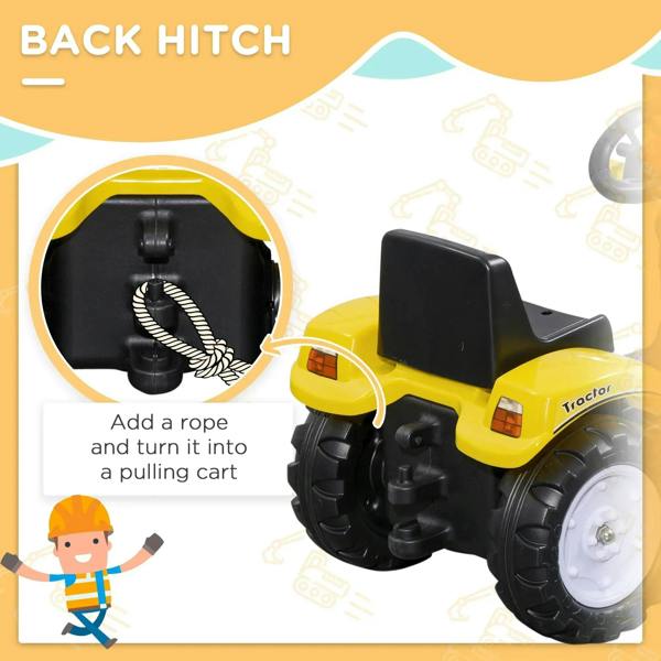 Yellow ride-on excavator go-kart with rear hitch for pulling cart