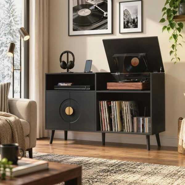 Bobobiy Record Player Stand, Vinyl Record Holder with Storage Holds Up to 300 Albums with Flip-Top Compartment, Black