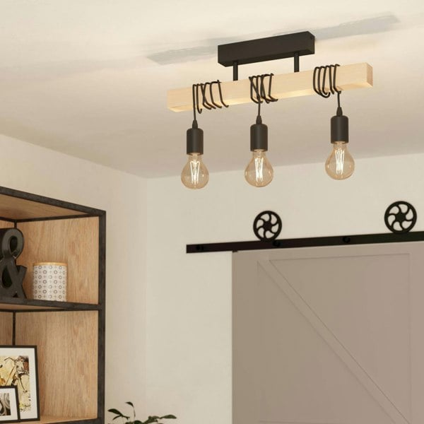 EGLO Townshend Black/Natural Metal And Wood 3-Light Pendant - Industrial Style (D) 55cm