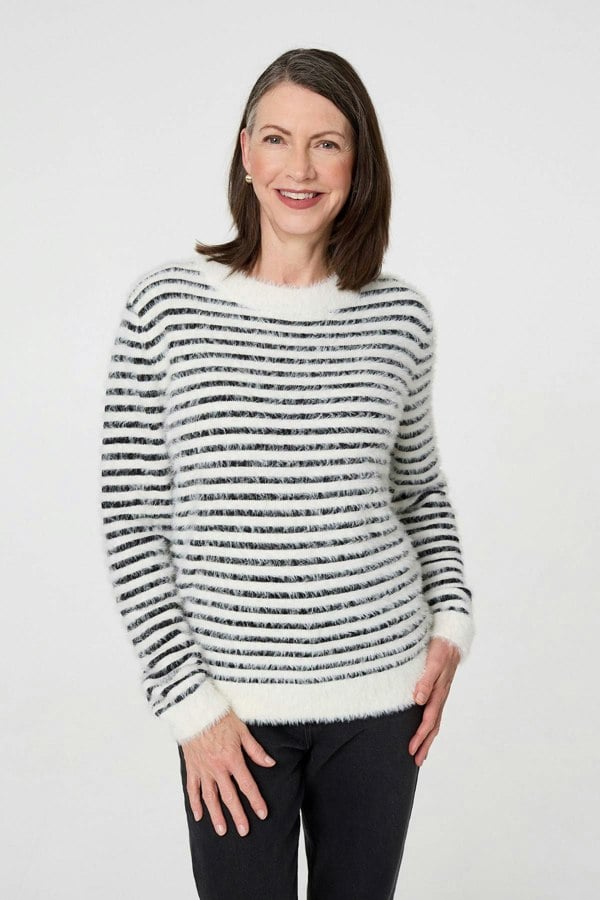 White | Textured Soft Knit Striped Jumper
