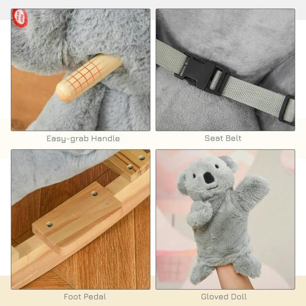Gray koala plush rocker parts: easy-grab handle, seat belt, and wooden foot pedal