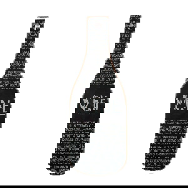 Wine bottle-shaped chalkboard with 'WINE' written on it against a white background