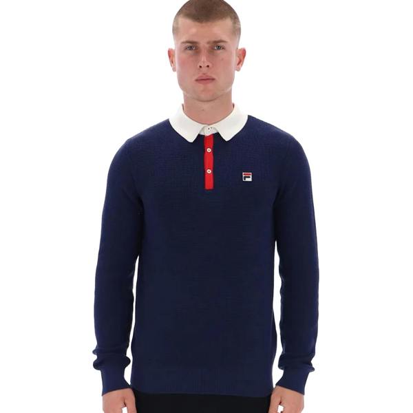 Fila Nowell Waffle Knit Long Sleeve Polo Shirt Fila Navy/Gardenia/Fila Red