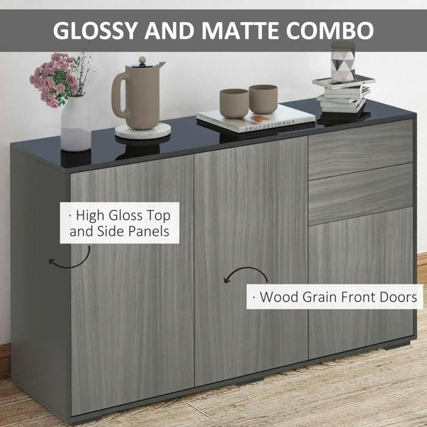 Side cabinet with glossy black top and light grey wood-grain doors and two drawer fronts