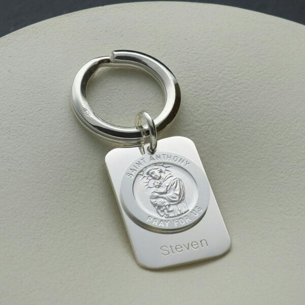 Christopher James of London Sterling Silver Personalised Rectangle St Anthony Keyring With Prayer
