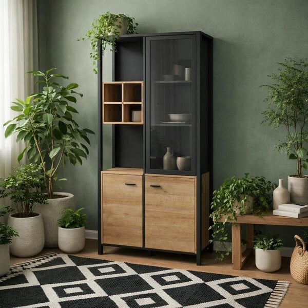 Wyld Haus Egtved Black and Natural Oak Wood Effect Display Cabinet 3 Doors