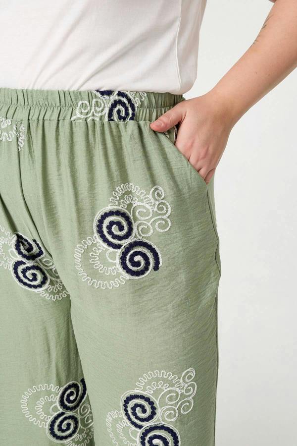 Khaki | Curve Embroidered Relaxed Trousers