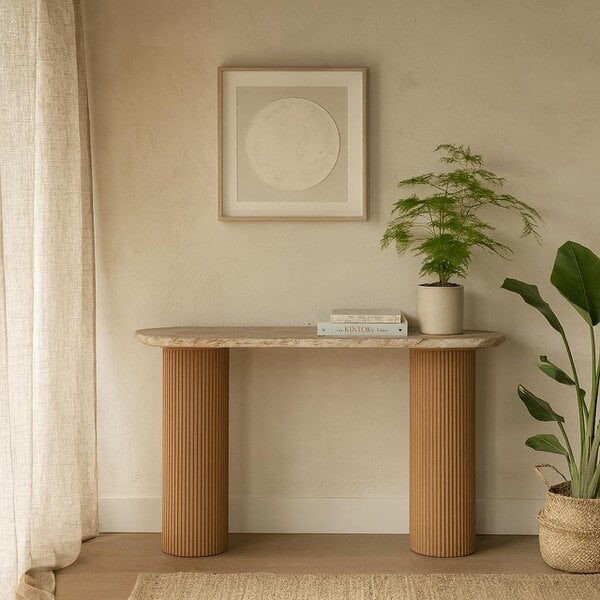 Wyld Haus Boston Natural Oak and Brown Marble Pedestal Console Table