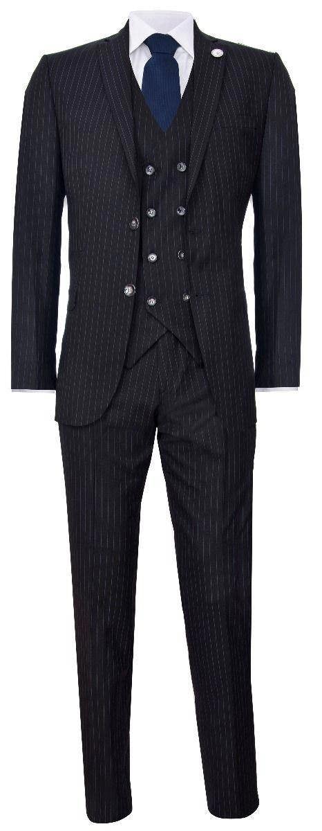 TruClothing Men's 3 Piece Black Pinstripe Retro Suit