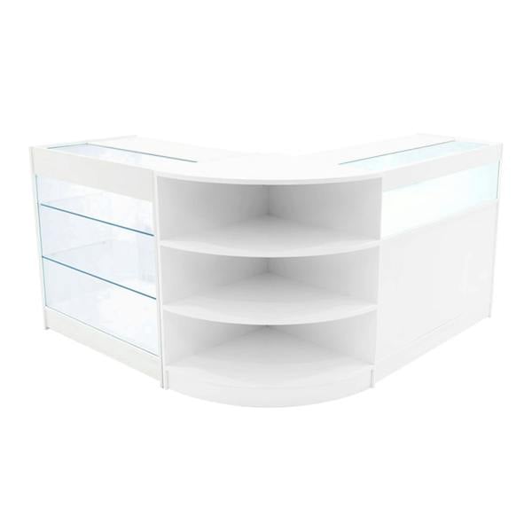 Demeter LED Shop Counter Set in white featuring sleek curved design, glass shelves, and modern LED lighting for display