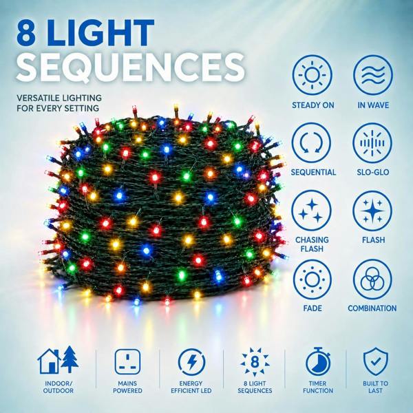Multicolour Fairy String Lights with 8 Modes, Mains Power, Memory and Auto Timer, Green Cable, 300 to 1000 LED Options image 6