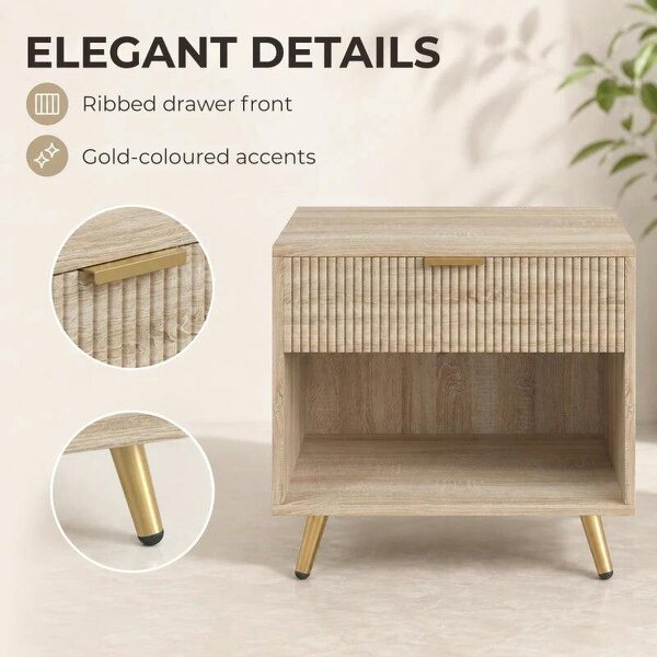 Bedside Table with Drawer and Open Compartment, Nightstand with Handle for Bedroom, Living Room, Natural Wood Finish