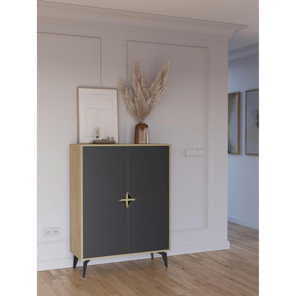 Decortie Modern Spark Cabinet 4-Doors Storage Engineered Wood Display Unit with Black Metal Legs 90(W)cm Oak