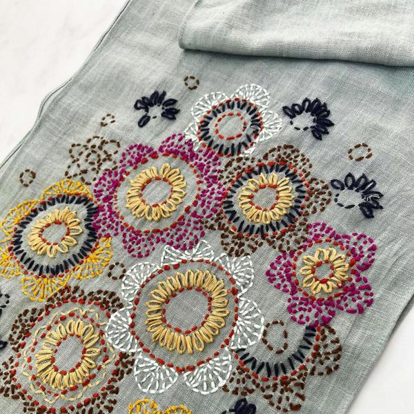 Hayley & Co Hand Embroidered 100% Linen Scarf in Grey Floral