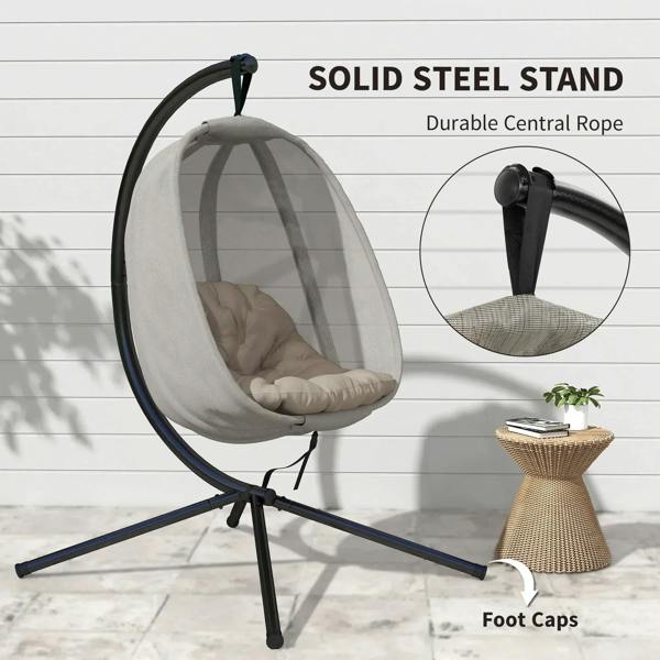 Hanging egg chair with khaki mesh pod, black central rope stand, cushioned seat